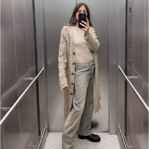 Zara Cable Knit Torn Oversized Sweater Coat Cardigan Long Duster Blogger Large